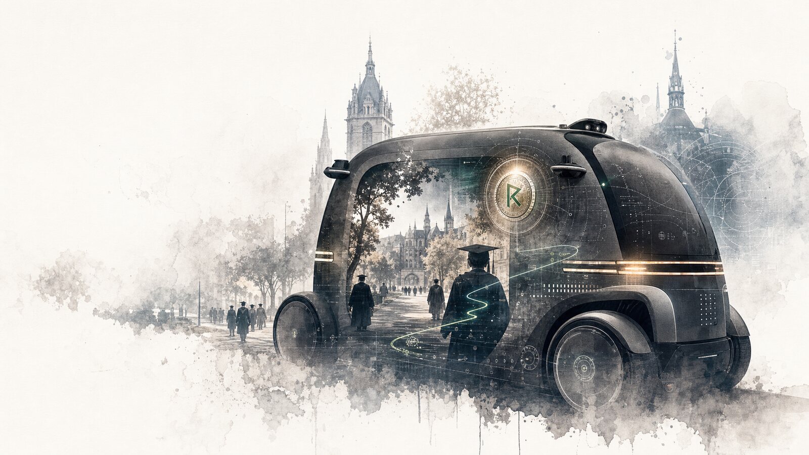 PIX autonomous shuttle silhouette carrying campus graduation, route, and proof-of-task imagery for the first ROBO issuance